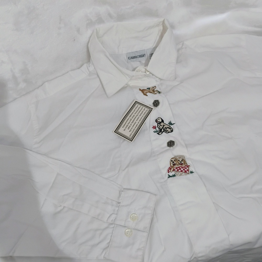 Vintage Cabin Creek Embroidered Puppy Dog Cottagecore Button Down Shirt Blouse W